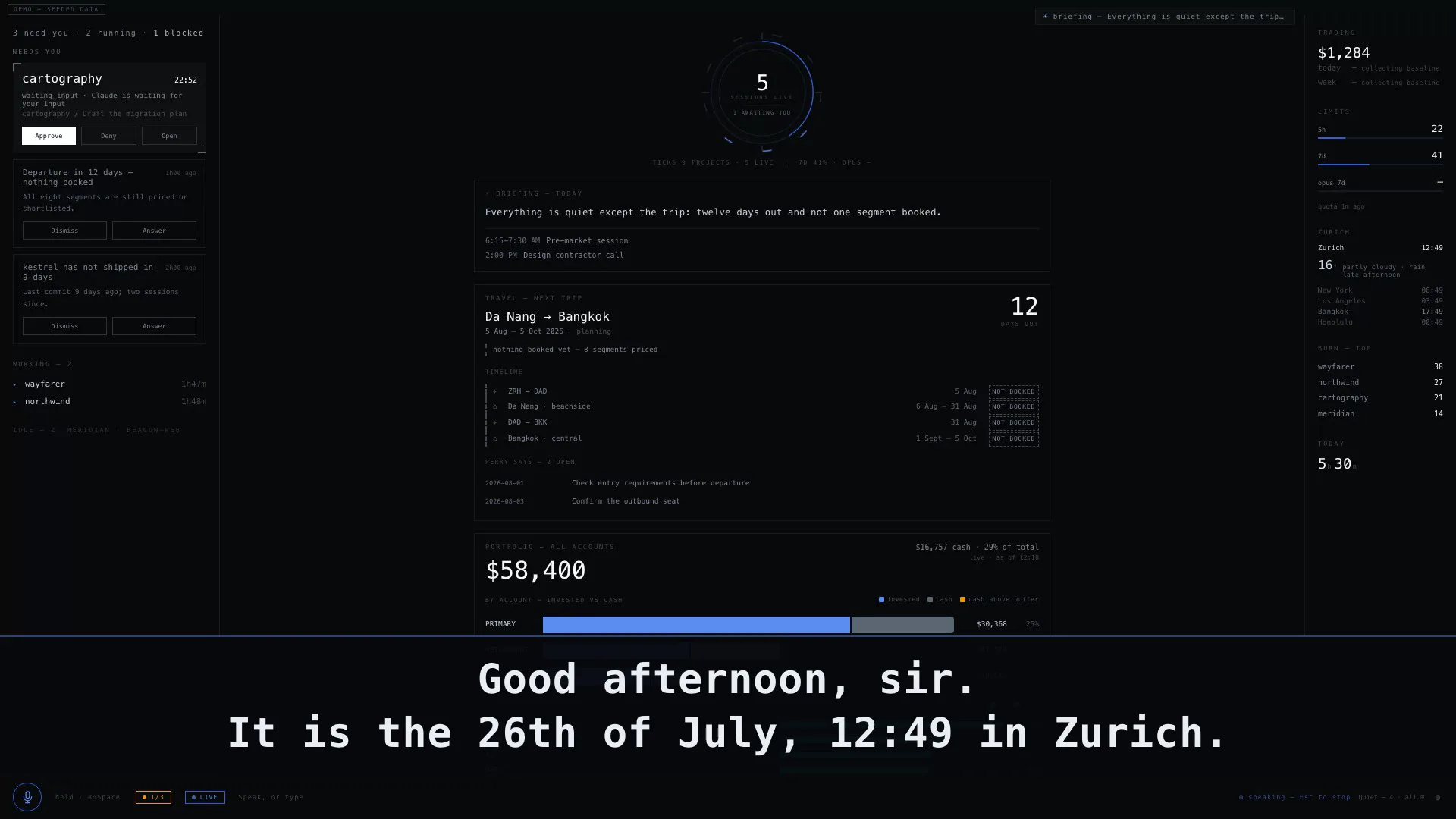 The Fleet dashboard mid-briefing — project status, an unbooked trip, live sessions and account balances on one dark screen.