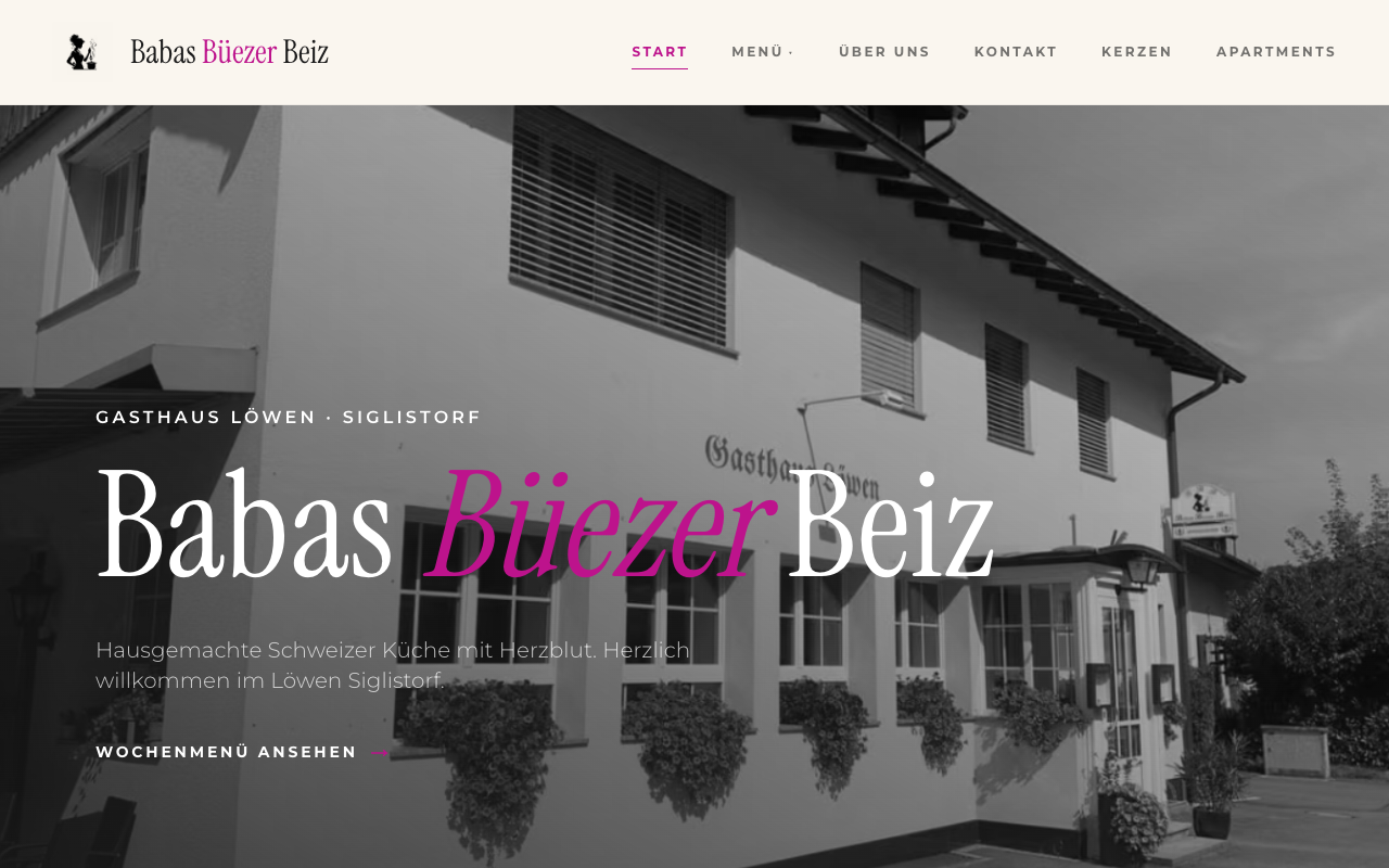 The babasbuezerbeiz.ch homepage: a Swiss Gasthaus website with warm photography and German navigation.